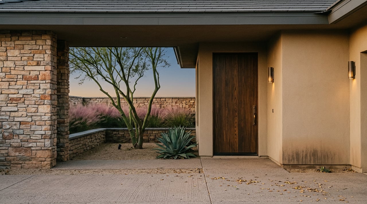 Dark walnut pivot door beside a ledger-stone column, framed by a palo verde tree, agave, and pink muhly grass.