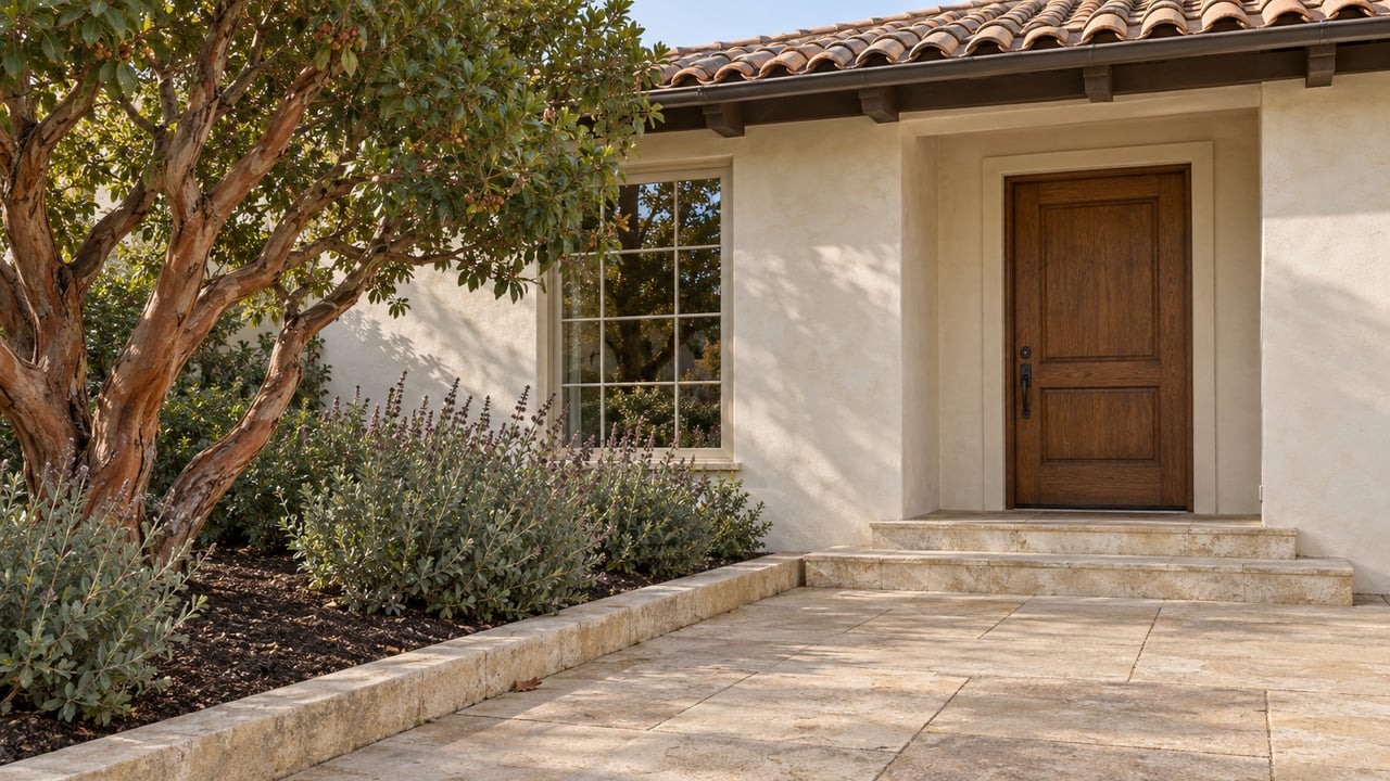 Sunlit ivory stucco home with a clay-tile roof, recessed oak entry, sandstone approach and mature strawberry tree.