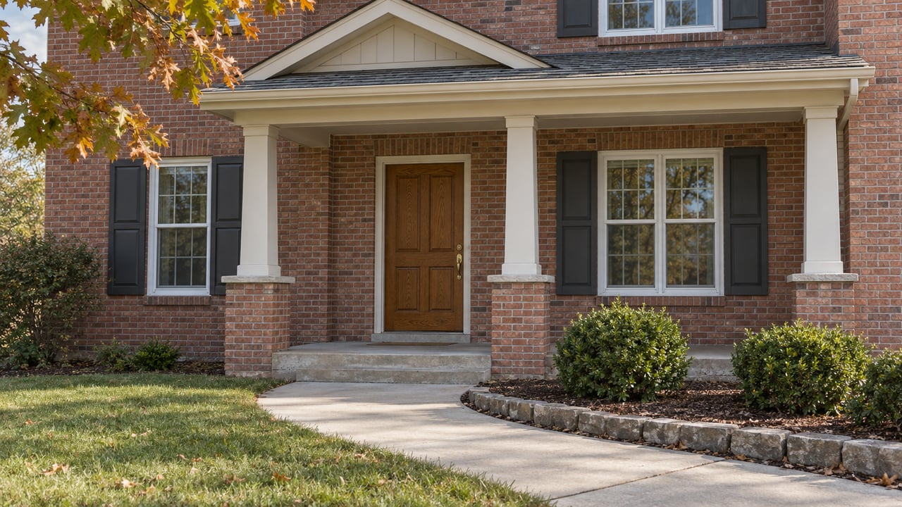 Brick home entrance with an oak door, white porch columns, dark shutters and a curved concrete walk beside boxwood shrubs.