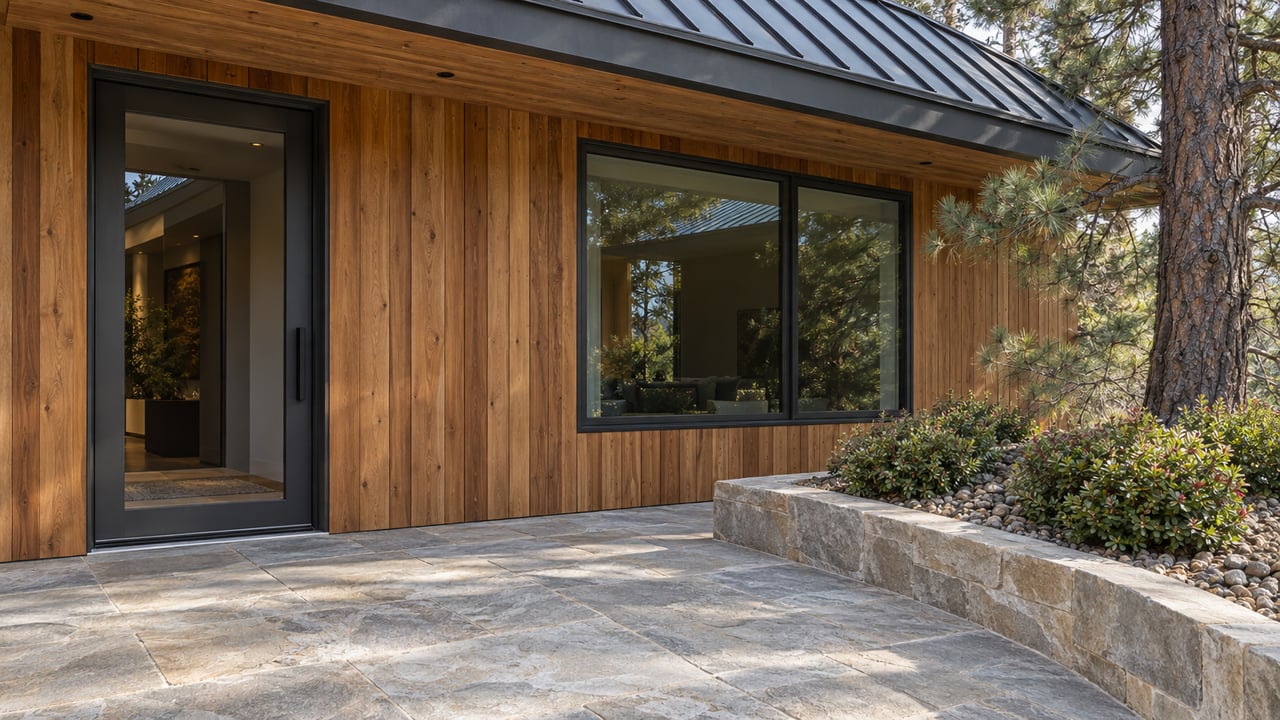 Cedar-clad contemporary home entry with dark-framed glass, sandstone terrace, and a raised bearberry bed beside a ponderosa pine.