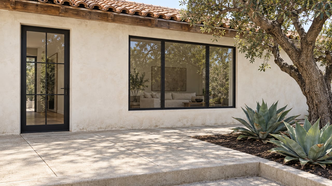 Sunlit stucco home with black-framed glazing, a pale concrete entry terrace, and a mature oak beside two sculptural agaves.