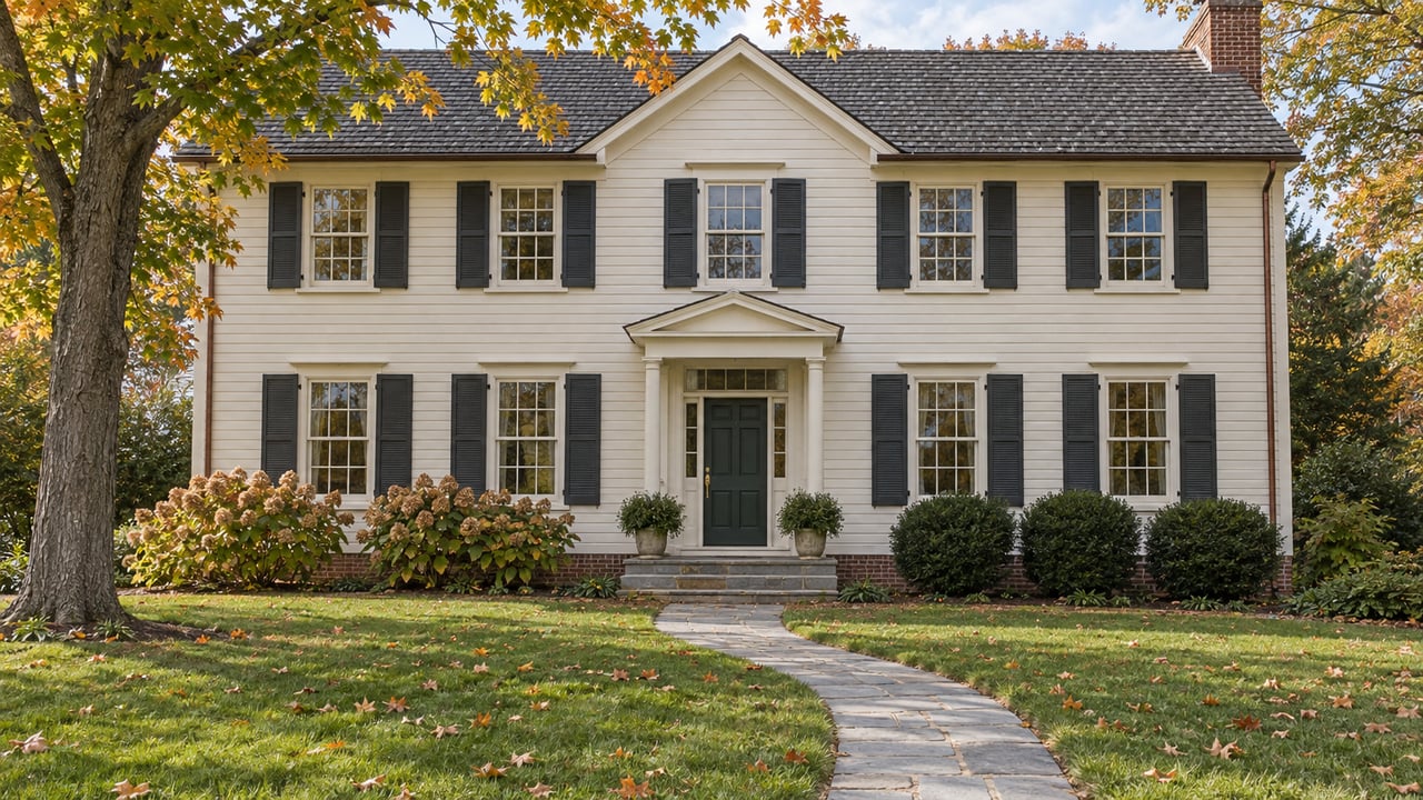 Ivory clapboard home with dark shutters, a brick foundation and flagstone walk across an autumn lawn beneath a mature maple.