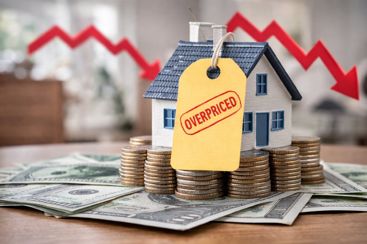 Small house model sitting on stacks of coins with an overpriced price tag and downward market arrows in the background