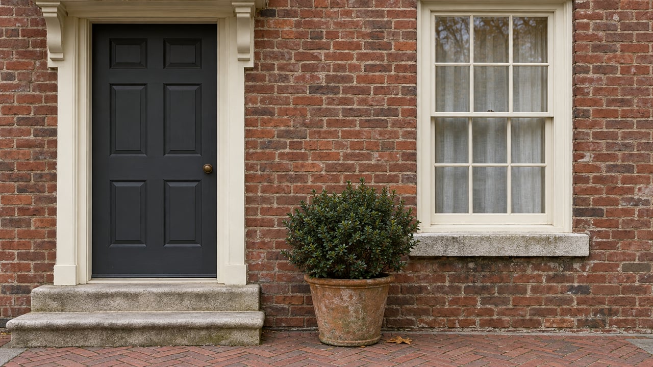 A russet-brick home entrance with a charcoal door, ivory sash window, worn limestone steps, and one potted evergreen.