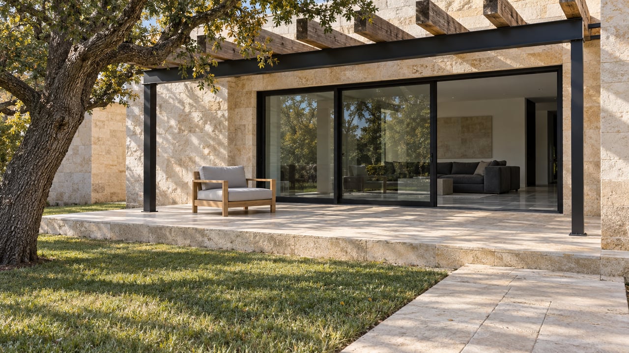 Limestone home terrace with timber pergola, black-framed glass doors and a teak lounge chair beside a mature live oak.