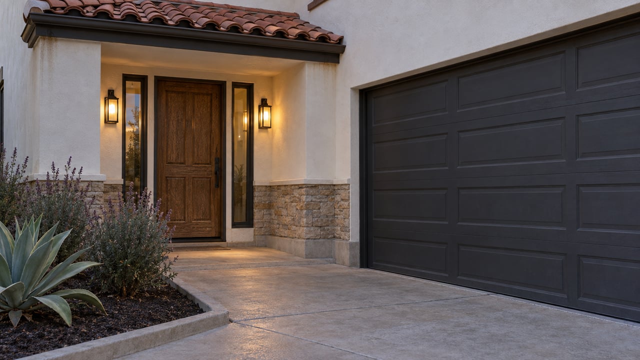 Cream stucco home entry with an oak door, warm sconces, clay-tile canopy and a charcoal garage door beside a drought-aware planting bed.