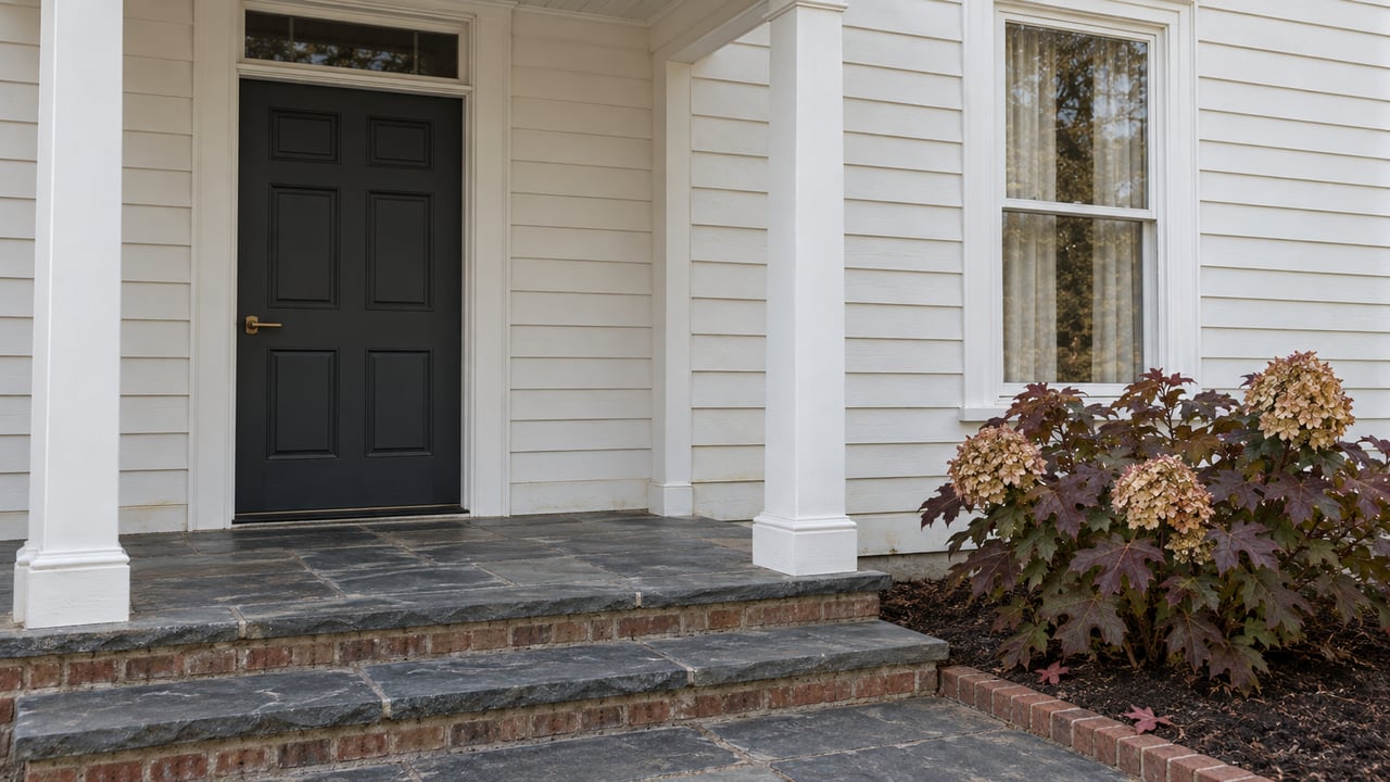White clapboard home entrance with a charcoal door, slate porch steps, and burgundy oakleaf hydrangea.