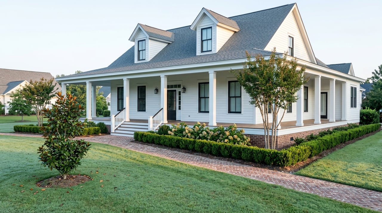 Southern estate home with a wraparound porch and dormered roof, beyond a lawn and brick walkway.