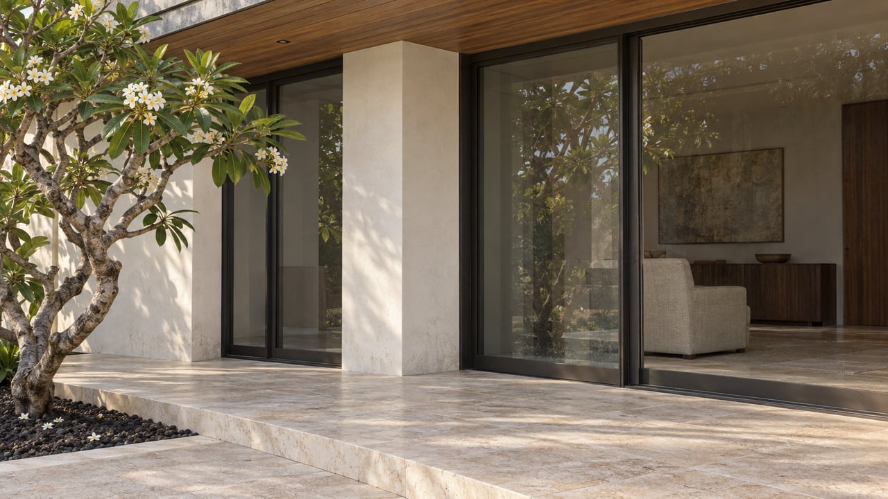 Sunlit limestone lanai beside cream stucco and dark-framed glass, with a wood soffit and a single white-flowering plumeria tree.