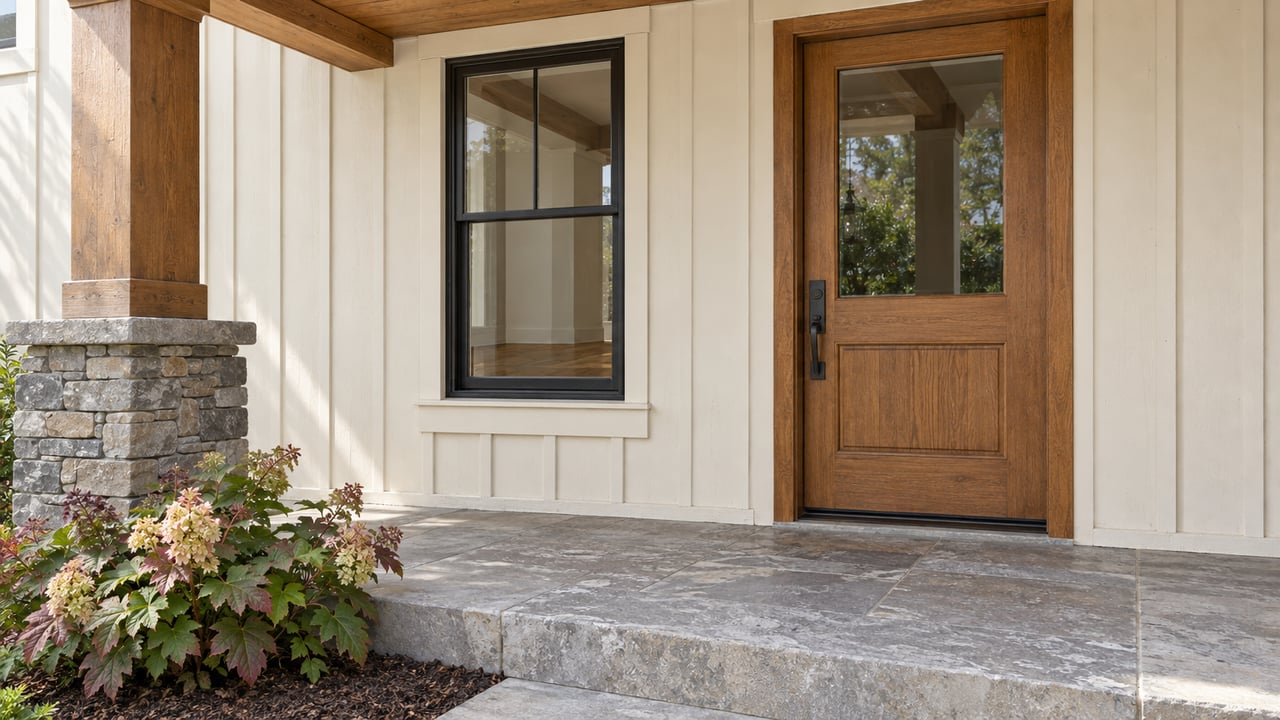 House entrance with a wood door, stone steps, and flowering shrubs.