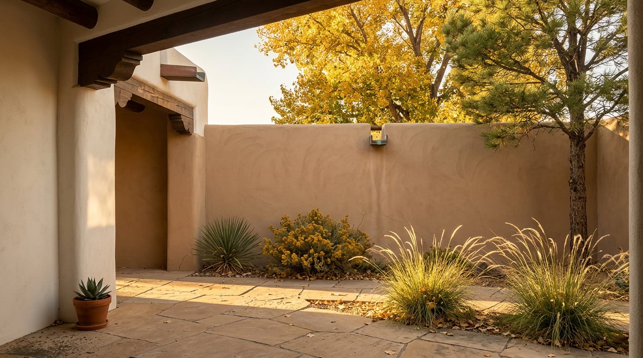 Autumn courtyard viewed from a shaded portal, with stucco walls, flagstones, wooden beams, and golden foliage.
