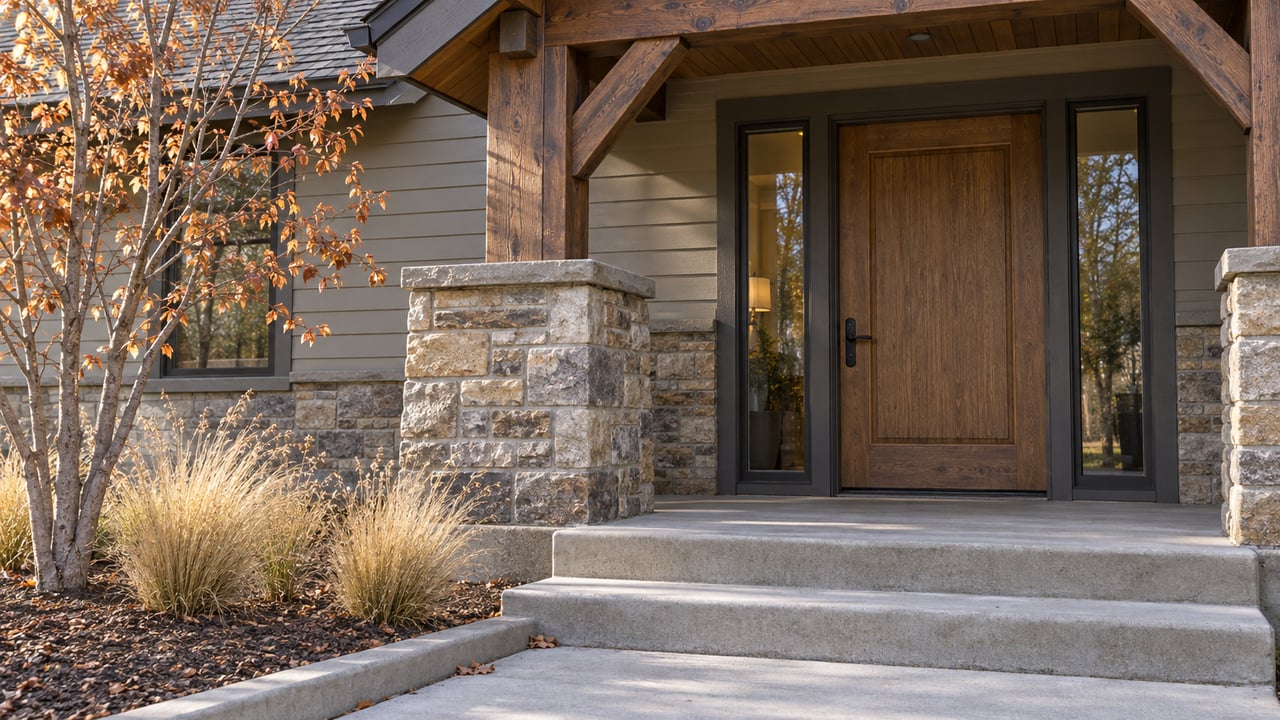 Covered home entry with a stained oak door, paired glazed sidelights, weathered stonework, and copper-leaved serviceberry beside concrete steps.