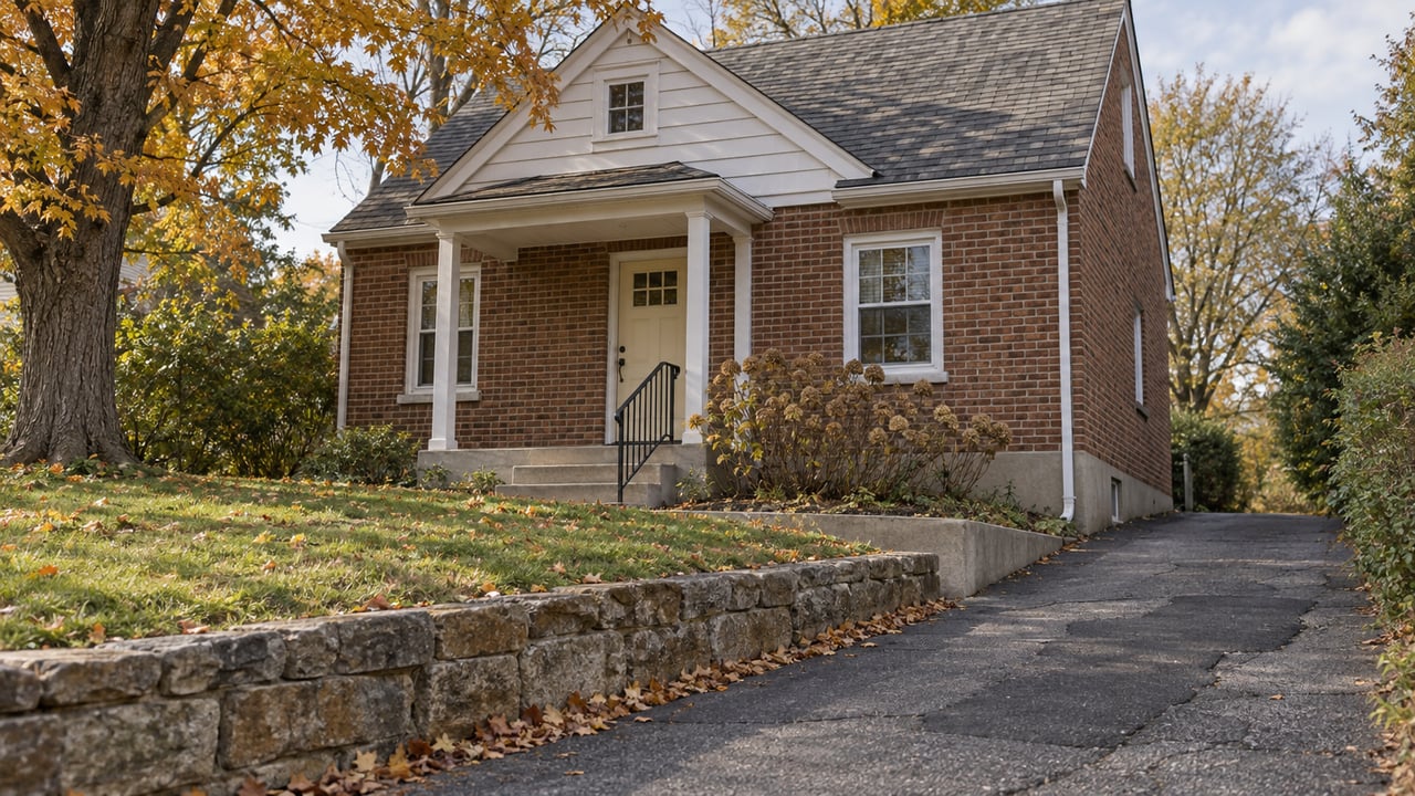 Modest brick cottage above a sloping driveway, with sandstone retaining wall, concrete porch steps and an amber-leaved maple.