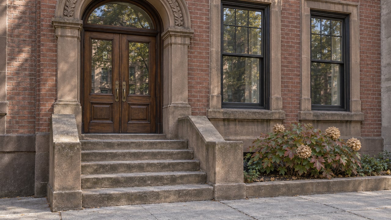 Worn sandstone steps lead to paired walnut doors in a red-brick home, beside tall divided-light windows and an oakleaf hydrangea.