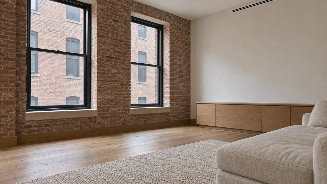 Tall black-framed windows light a brick loft living room with oak flooring, a low built-in cabinet, and an oatmeal sofa.