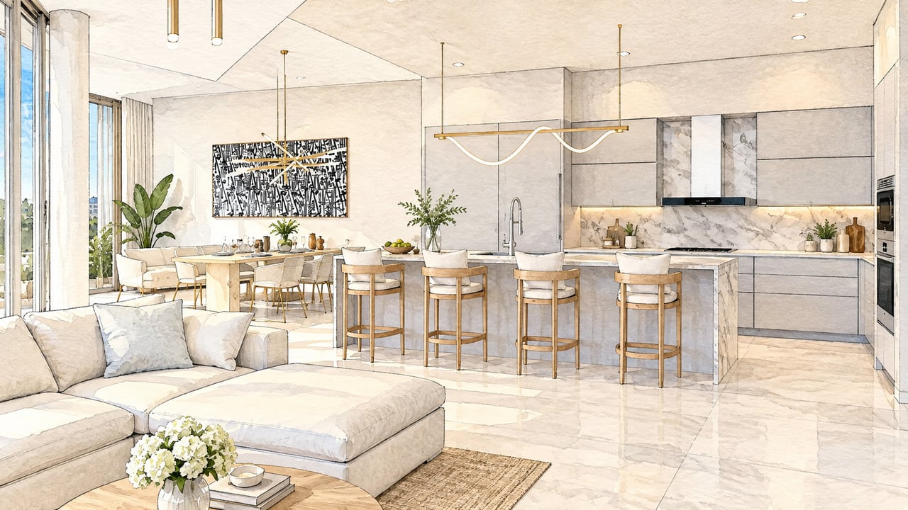 Open-plan condo kitchen and living room with a marble island, gold pendants, and floor-to-ceiling windows.