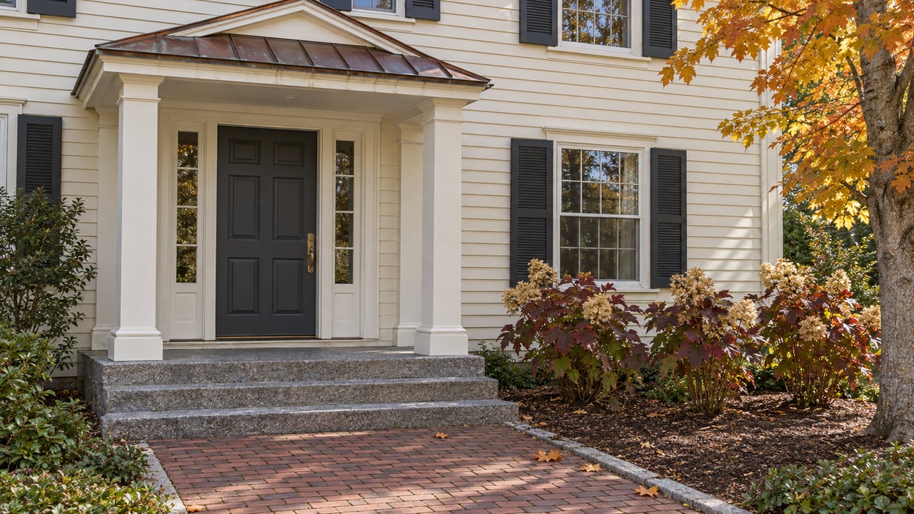 Ivory clapboard home with a copper-roofed entry, granite steps, brick walk and autumn oakleaf hydrangeas.