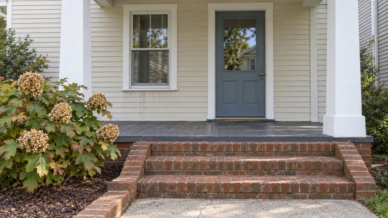 Raised front porch of an older clapboard home with a blue-gray glazed door, brick steps, and one oakleaf hydrangea.