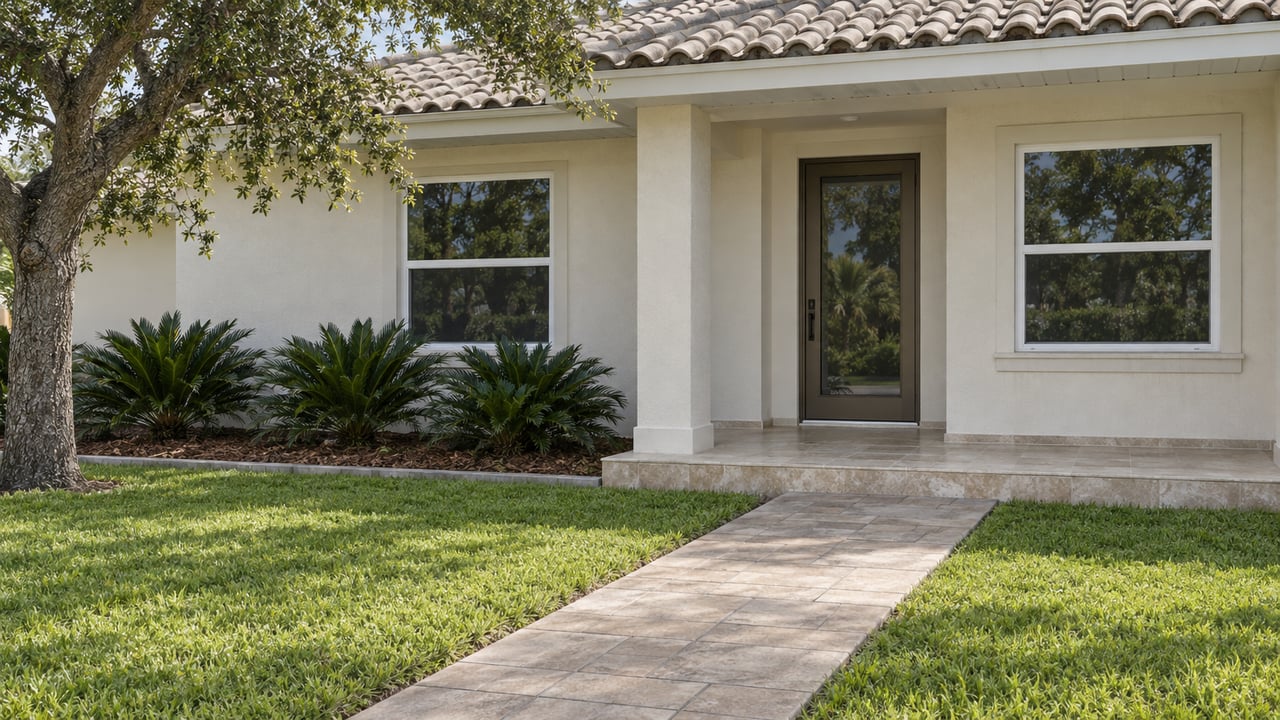 Ivory stucco home with a pale tiled roof, raised covered entry, gray paver walk and a broad lawn beside a live oak.