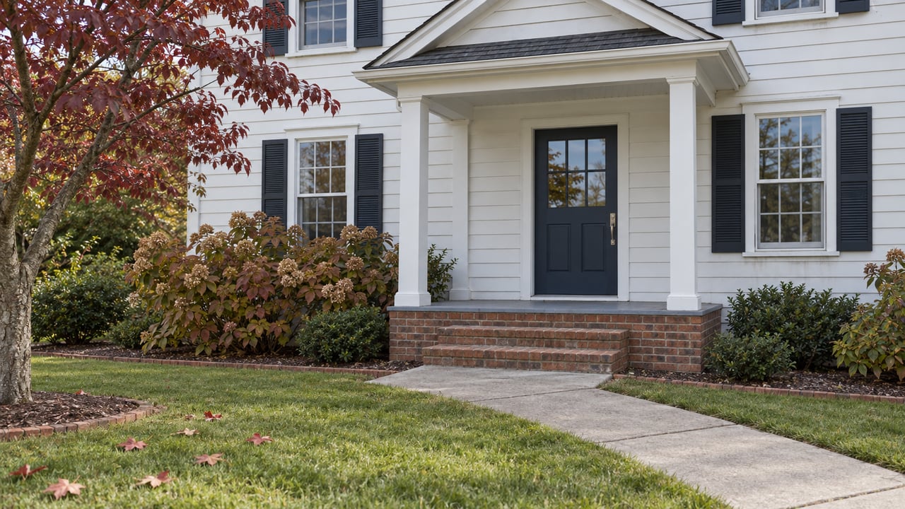 White clapboard home with a blue front door, brick porch steps and an autumn dogwood beside a concrete approach.