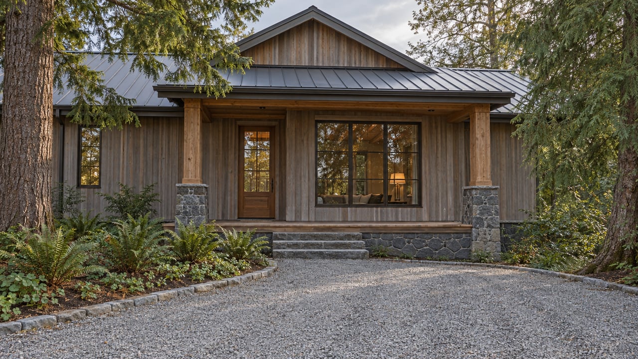 Cedar home with a sheltered timber porch, fieldstone steps and a broad gravel approach among mature conifers.