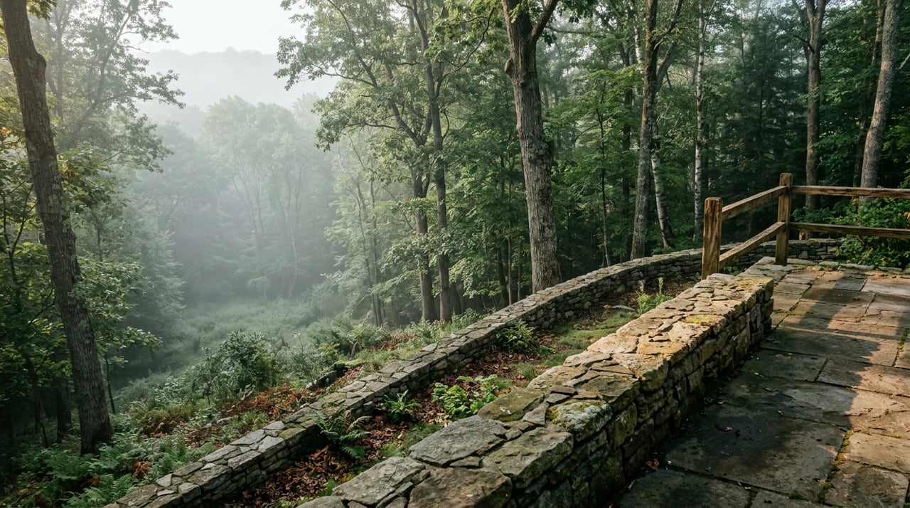 Stone terrace and retaining wall border a wooded parcel, with thin mist among the trees.