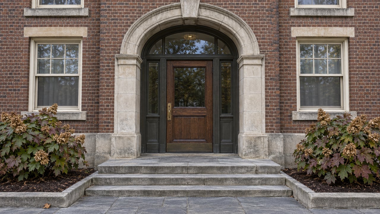Arched limestone entrance in a reddish-brown brick residential building, with an oak door, worn stone steps, and autumn oakleaf hydrangeas.