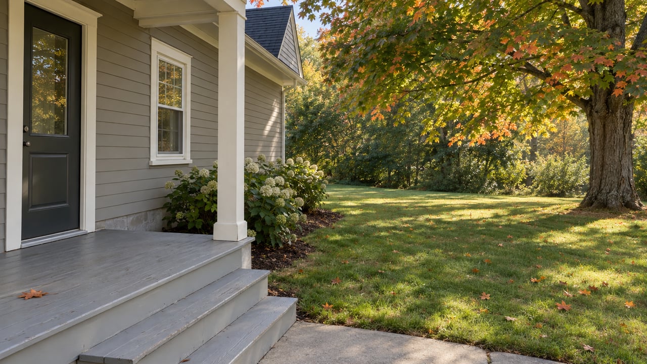 Porch steps meet a concrete path crossing a deep lawn beneath a mature maple with scattered orange leaves.