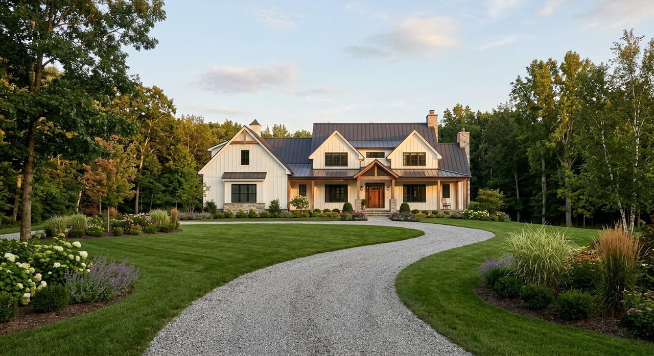 Cream-brick house set back along a gravel drive with concrete tracks, oak tree, and tall pines.