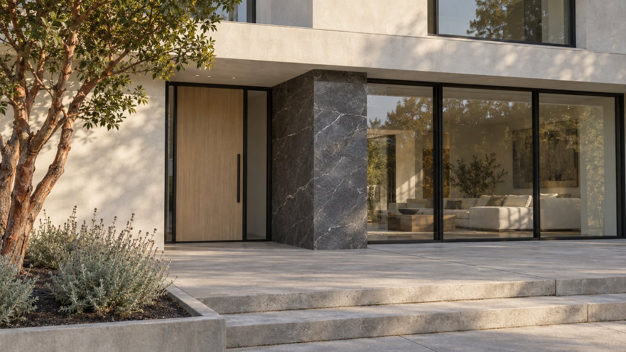 Contemporary luxury home entrance with pale stucco, a wood pivot door, charcoal stone pier, and full-height living-room glazing beside a sculptural tree.