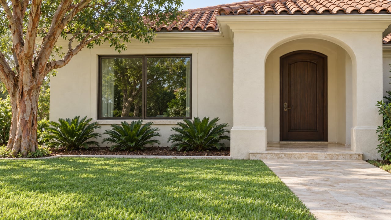 Cream stucco home with a clay barrel-tile roof, arched timber entrance, limestone approach and a specimen copper-barked tree beside a deep green lawn.