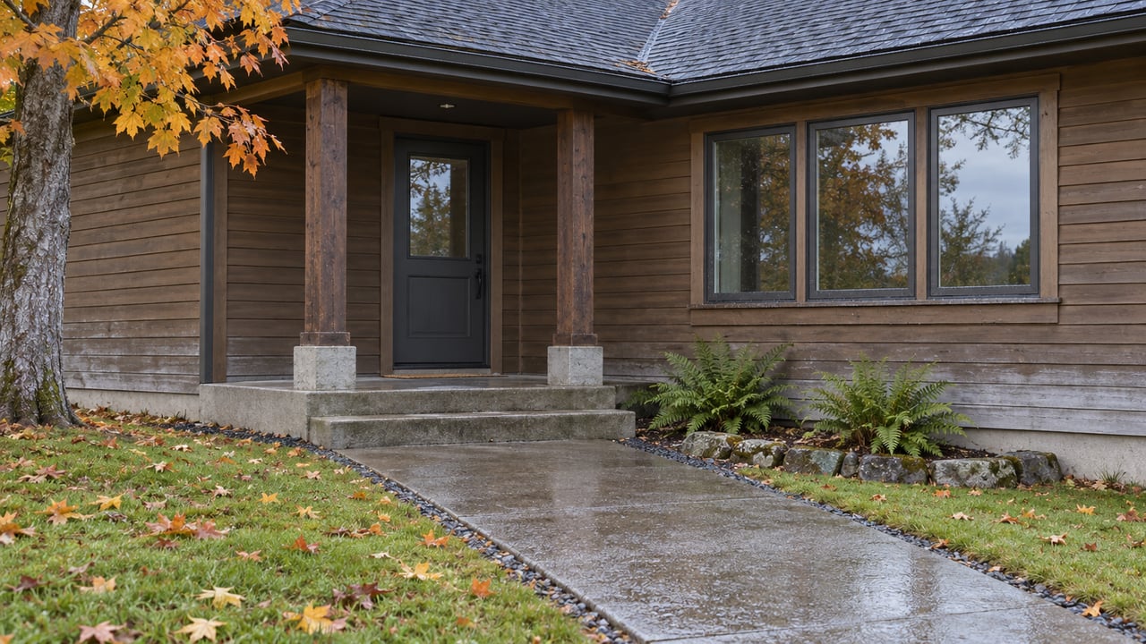 Rain-damp concrete steps lead to a covered entry on a brown cedar-sided home, framed by orange maple leaves and a sloping lawn.