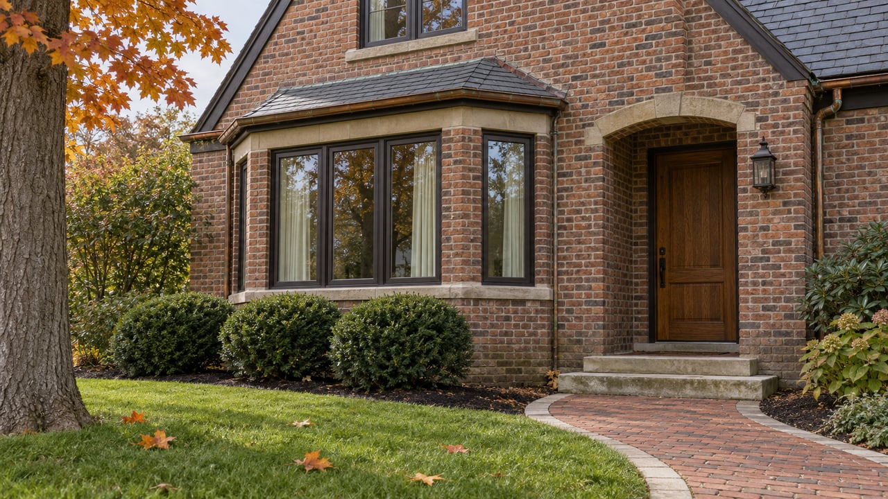 Brick home with a steep slate gable, dark-framed bay windows, oak entrance, and curved brick walk across an autumn lawn.