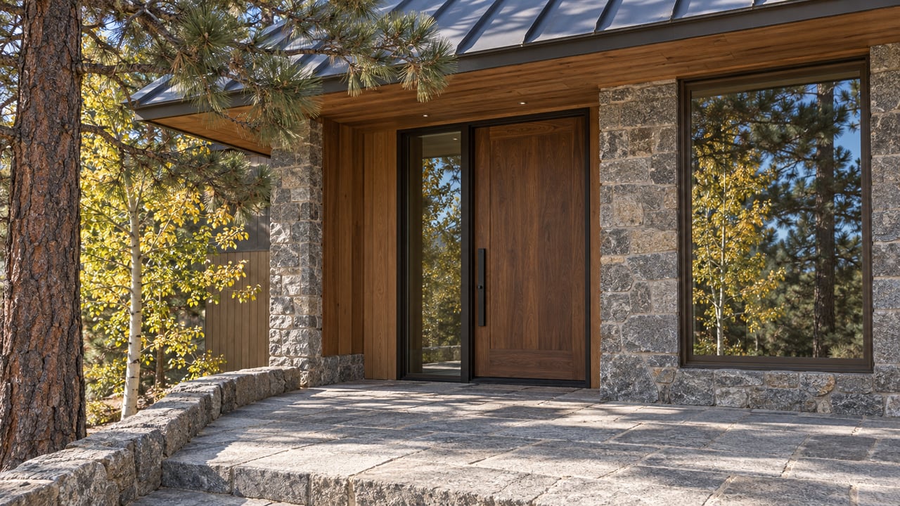 Mountain home entrance with a walnut door, granite walls, cedar siding, and pines beside a stone-paver landing.