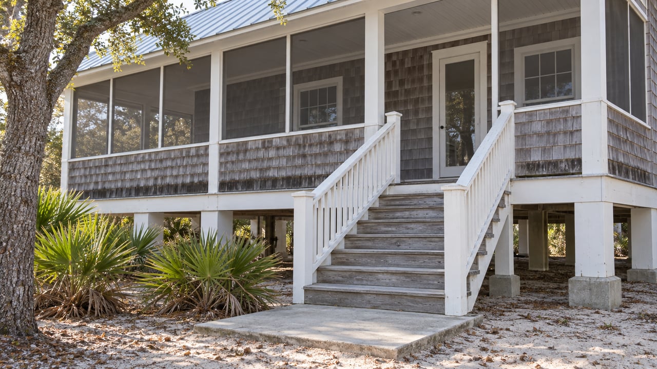 Weathered shingle home with a screened raised porch, white timber stairs and saw palmettos beside sandy ground.