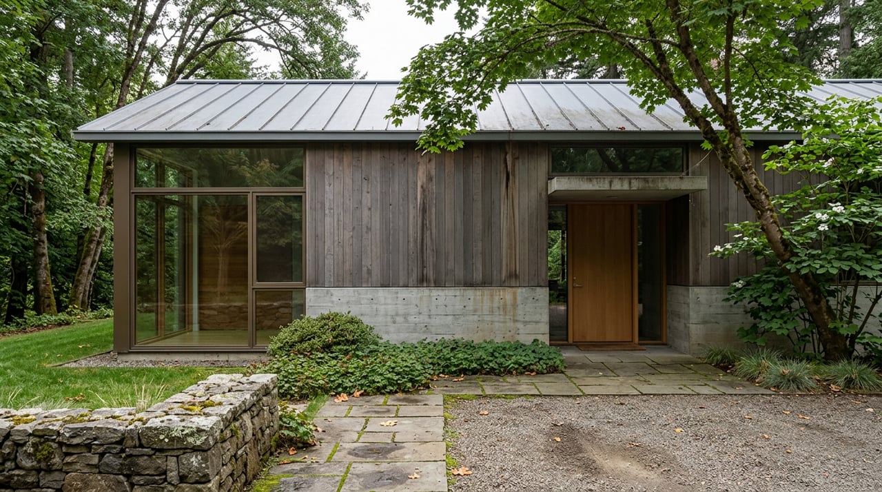 Contemporary single-story home with concrete and cedar facade, recessed entry, glass wall beneath arching trees.