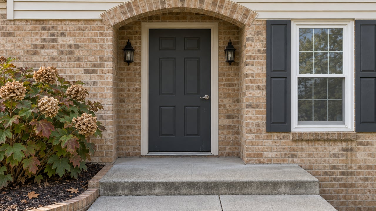 Buff-brick home entrance with a charcoal door, paired lanterns, pale siding and autumn oakleaf hydrangea beside a concrete step.