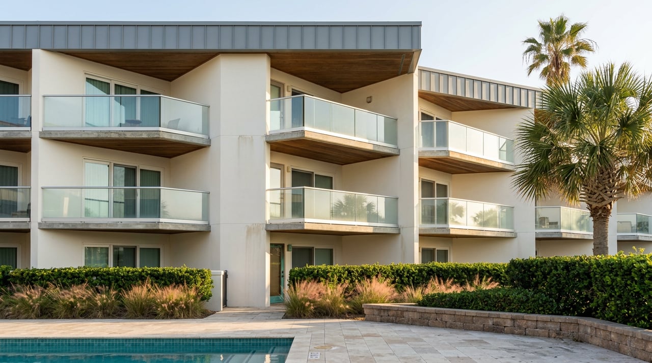 Coastal condominium facade with stacked glass balconies above a turquoise-tiled pool and a mature palm.