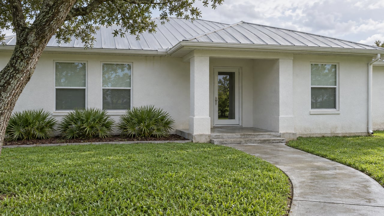 White single-story home with a light gray metal roof, glazed entry, curved concrete walkway and deep green lawn beneath soft daylight.