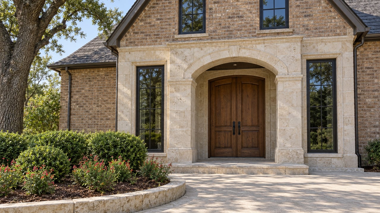 Warm brick and cream limestone home with an arched oak double-door entry, dark-framed windows and a curved planted approach.