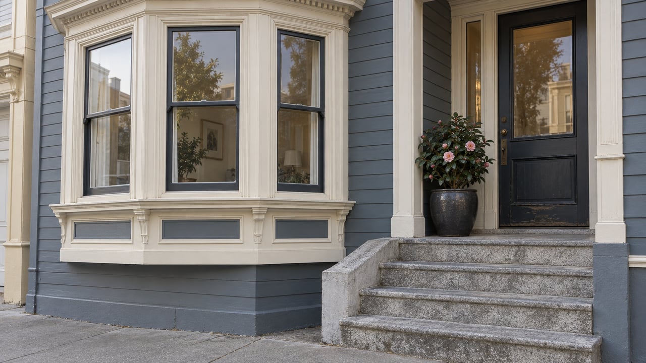Smoke-blue clapboard home with an ivory-trimmed bay window, recessed door, granite steps, and a potted camellia.