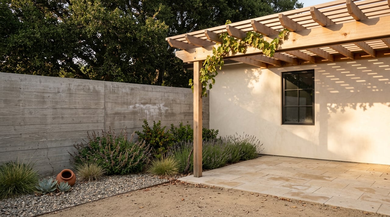 Oak-shaded courtyard with a cedar pergola, limestone patio, stucco wall, and drought-tolerant plants.