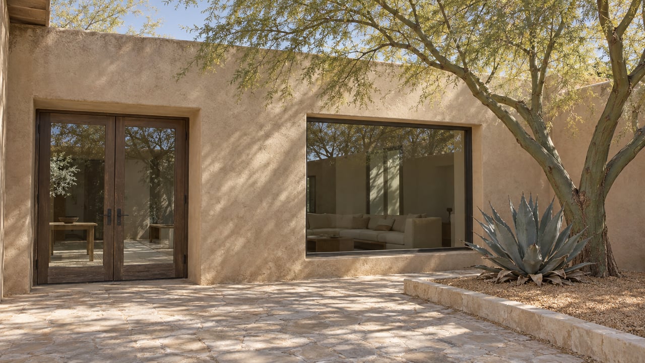 Cream stucco courtyard with oak-framed glass doors, limestone paving, a blue-green branching tree and a sculptural agave.