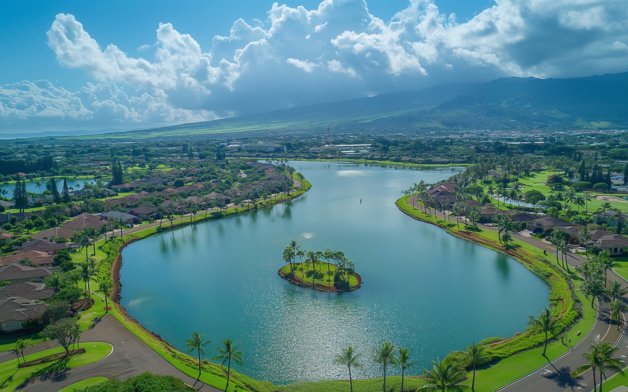 Aerial view of homes around a lagoon with a small palm-covered island and mountains beyond.