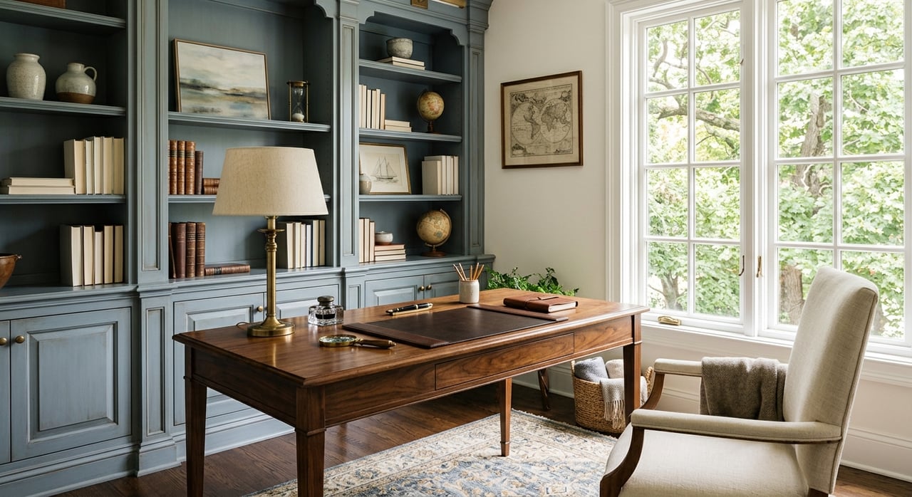 Walnut desk and oatmeal chair in a cream built-in office beside a divided-light window overlooking leafy branches.