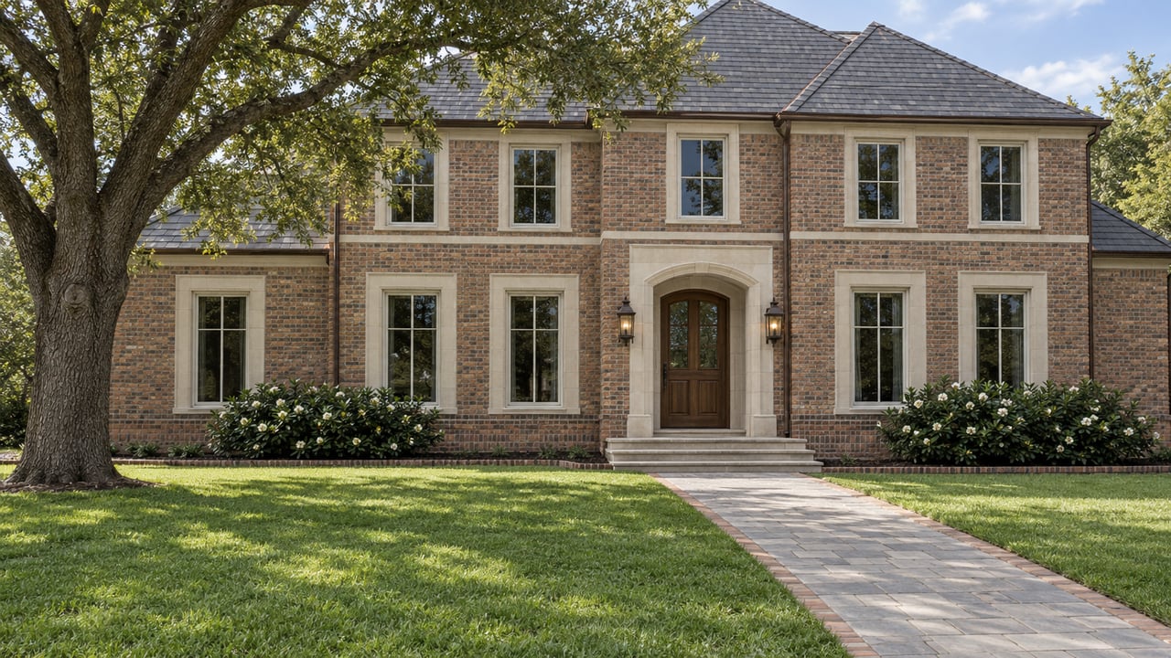 Brick and cream-limestone home with a slate-colored roof, arched oak entry, broad green lawn, and mature spreading oak.