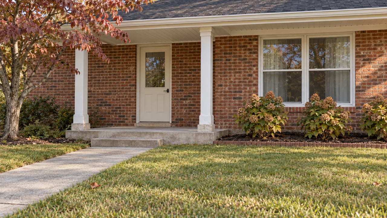 Morning light grazes a red-brown brick ranch entry with white porch posts, a concrete walk, oakleaf hydrangeas and a flowering dogwood.