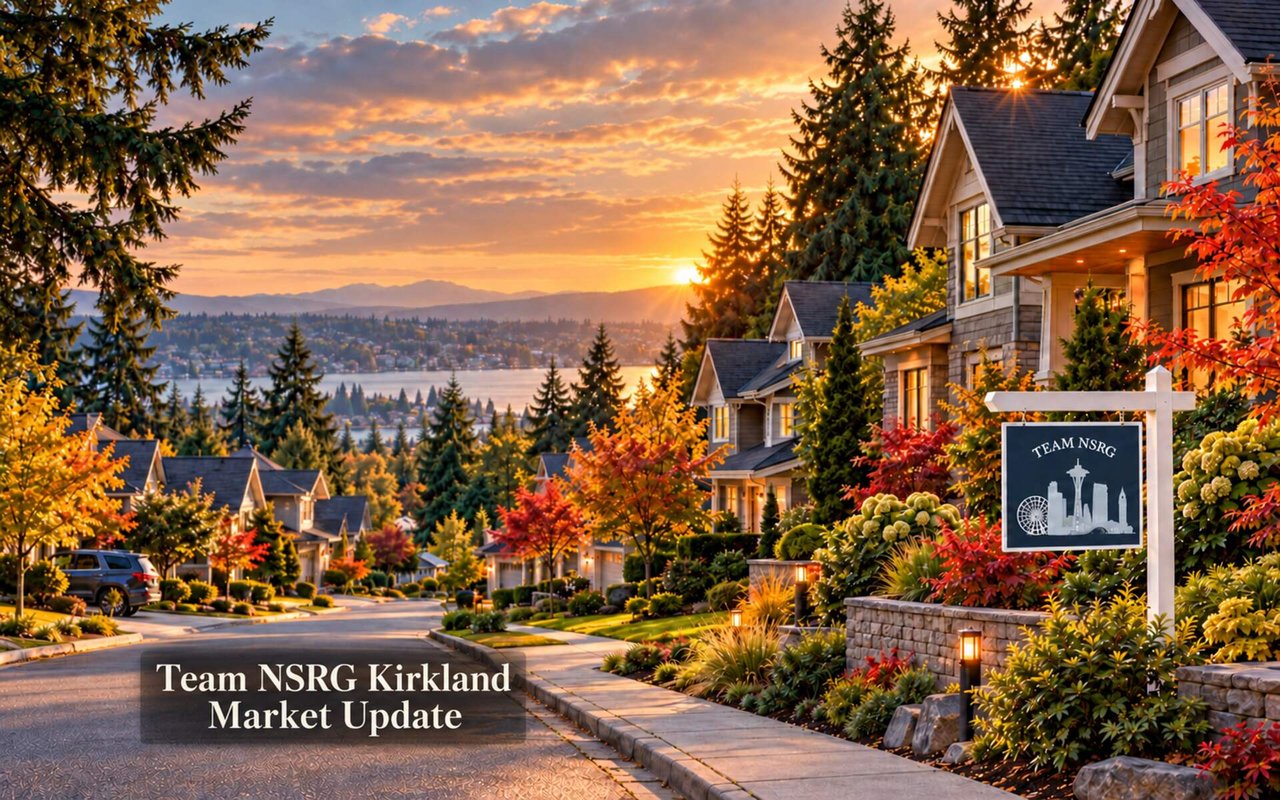 Autumn Kirkland detached homes and Team NSRG sign; banner reads “Team NSRG Kirkland Market Update.”