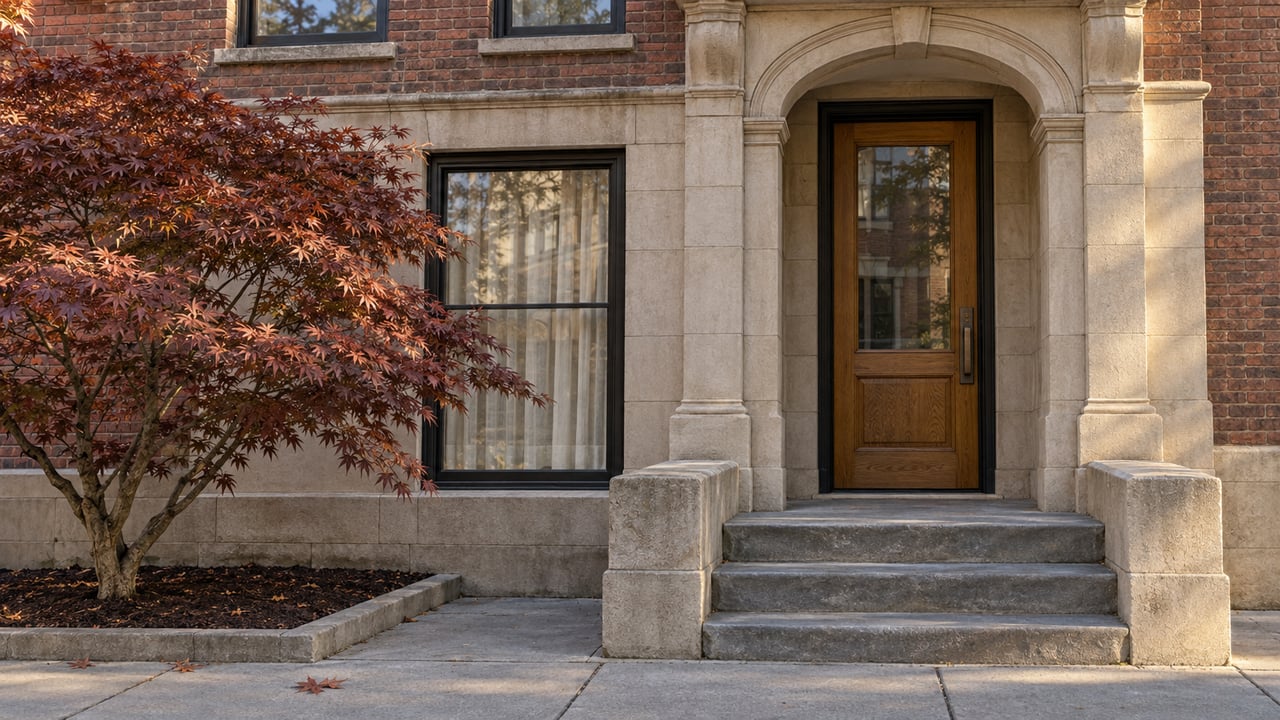 Afternoon light grazes a brick townhouse entrance with limestone steps, a glazed oak door, and a small russet-leaved maple.