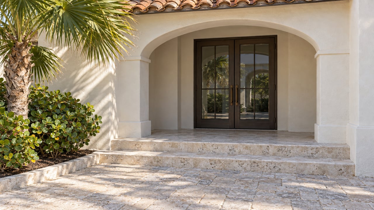 Arched stucco porch with closed bronze-framed glass doors, limestone steps, and a fan palm beside the entry.